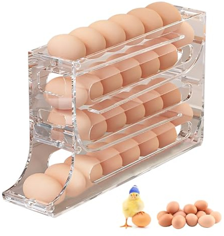 Freshmagis 4 Tiers Egg Dispenser Fridge Roll Down with 30 Egg Capacity, BPA-Free, Eggs Holder Storage, Gravity-Fed Design, Space Saving Eggs Tray in Kitchen (Clear)