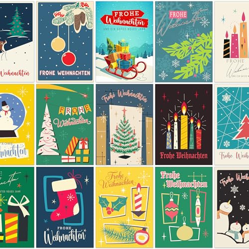 Bear and Bee Set aus 30 Retro Weihnachtskarten – 15 nostalgische Designs mit weißen Umschlägen