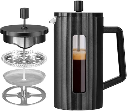Kryndle Cafetiere, French Press Coffee Maker 1000Ml, French Press with Heat-Resistant Glass and Stainless Steel Filter, Suitable for Home, Office and Camping (Black)