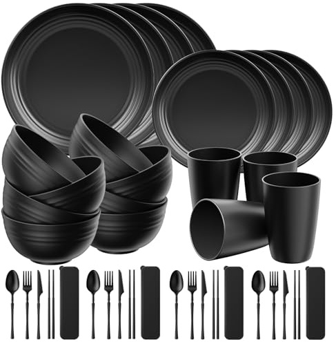 Quatish 32 Teiliges Kunststoff Geschirrset, Unzerbrechliches Camping Geschirr Set für 4 Personen, Wiederverwendbare Tafel-Set für Kinder und Erwachsene, Geschirrspüler Mikrowelle Sicher, Schwarz