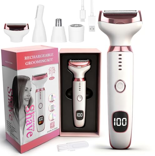 Beanify Elektrischer Damenrasierer 4-in-1 mit LED Display für Frauen & Männer, Nass- & Trockenrasierer IPX7 Wasserdicht, Kabelloser Lady Shaver mit Nasenhaar-, Augenbrauen- & Gesichtstrimmer