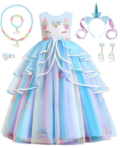 Disfraz Princesa Niña, Unicornio Princesa Vestidos Infantiles (Azul, 120) | Disfraz Niña con Venda Collar Set, Unicornio Cosplay Vestirse para Niño Cumpleaños Fiesta Halloween Navidad Carnaval