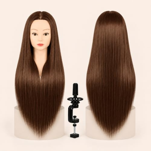 Cabeza de Maniquí para Peluquería, Cabello Sintético 60 cm/24 Resistente al Calor con Soporte, Cabeza de Prácticas para Peinados y Cosmetología (4 · Castaño Medio) | Cabeza de Maniquí para Peluquería, Cabello Sintético de 60 cm Resistente al Calor con Soporte para Peinados y Cosmetología