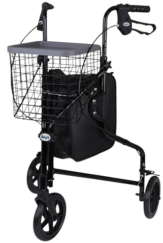 Days Lightweight Aluminium 3 Wheel Walker – Height Adjustable and Foldable Mobility Aid for Elderly – Triwalker with Basket, Tray, Bag and Lockable Brakes – Indoor and Outdoor Walker – Graphite