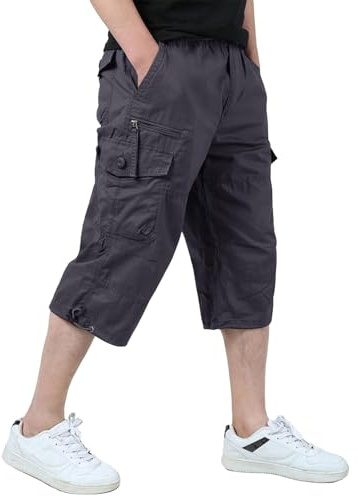 KEFITEVD Pantalones Cortos Cargo Casuales para Hombres Pantalones Cortos Largos con Cintura Elástica Pantalones Cortos Capri de 3/4 de Longitud para Exteriores,Gris,38