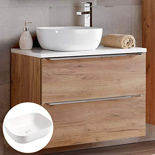 Lomadox Badmöbel Waschtisch-Unterschrank Set 80cm, 50cm Keramik-Waschbecken, Wotaneiche & Hochglanz weiß, 2 Softclose-Auszüge