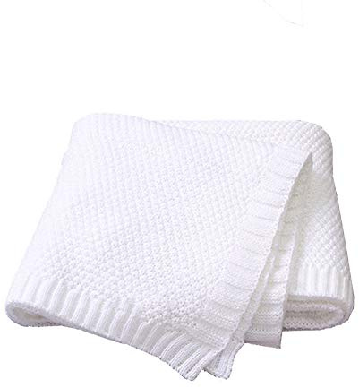 Manta de Punto para Bebé Recién Nacido, Surwin Suave y Cálida Algodón Punto de Crochet Cobija Toalla de Cama Niños Niñas Swaddle para Bebe Cuna, Cochecito (80x100cm,Blanco)