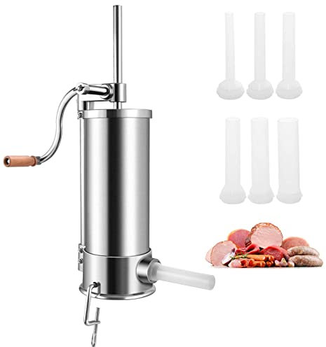 RELAX4LIFE Poussoir à Saucisse Verticale Manuel 6L en Acier Inoxydable,Machine à Saucisse Professionnelle avec 6 Tubes (14mm,18mm,21mm,25mm,29mm,35mm) pour Cuisine Restaurant Cantine (6L)