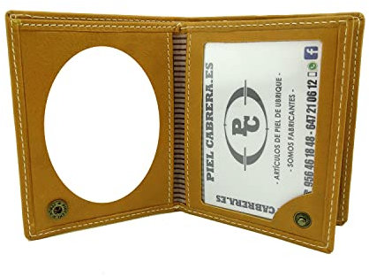 Piel Cabrera Cartera Porta Placa con Monedero para Guardia Civil, Policía Local, Protección Civil, Seguridad Privada, Cruz Roja. Mod. HONORES Libro Mostaza