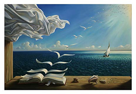 ZHMANLUCK Salvador Dali Ölgemälde The Waves Buch Segelboot Wandgemälde auf Leinwand Dekoration Poster Drucke Wandkunst Bilder 70x115cm (28x45in) Mit Rahmen