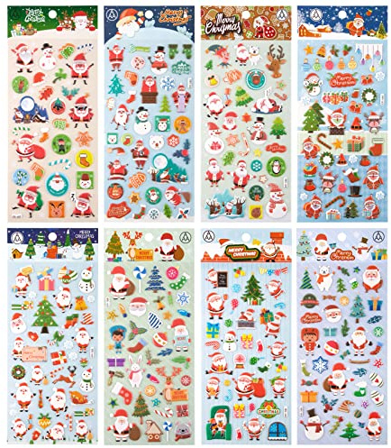 8 Blätter 3D Weihnachtssticker Aufkleber Weihnachten Sticker für Kinder Weihnachtsaufkleber Selbstklebend Weihnachtsmann Weihnachtsbaum für DIY Scrapbooking Basteln Geschenke Party Deko Mitgebsel