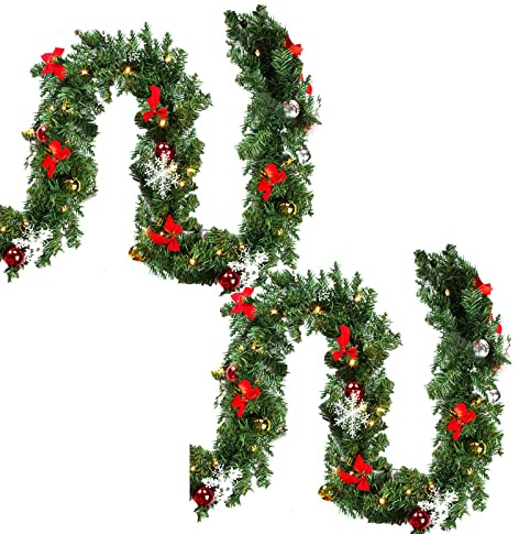 Yakimz 2er 5M Weihnachtsgirlande, Tannengirlande mit 100 LEDs Warmweiß 8 Modus inkl. Deko, IP44 Weihnachtskranz Weihnachtsdekoration Künstliche Girlande für Treppen, Kamine, Grün