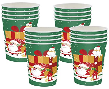 Christmas Party Paper Cups,16Pcs Green Winter Snowflakes Santa,Snowman,Elk,Gingerbread Man Disposable Paper Cups Christmas Tableware Decor for Winter Holiday Birthday Xmas Party Supplies Decorations
