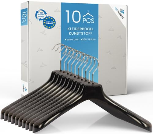 RSR Hangers Kleiderbügel 10 Stück Jackenbügel Sakkobügel extra Breit SM Kunststoff 45 cm für Wintermode – 360° drehbarer Haken - ohne Hosensteg – rutschfest – schwarz