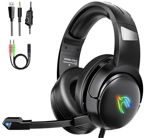 YINSAN Gaming Headset für PS5 Xbox PS4 PC Nintendo Switch Mac, Kabelgebundenes Gaming Kopfhörer mit Mikrofon Surround Sound Geräuschunterdrückung Flip-Stummschaltung RGB Licht