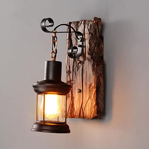 Lfoute Wandleuchte Holz Wandlampe E27 Rustikale Wohnzimmerlampe Innen Esszimmer Leuchte Lampenschirm Aus Glas Metall Kreative Beleutung Für Treppenhaus Flur Loft Cafe Bar Restaurant Küche Hotel,1pc