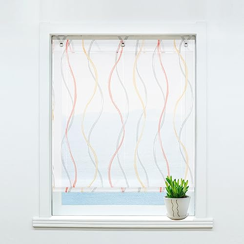 ESLIR Raffrollo ohne Bohren Raffgardine Voile Ösenrollo Transparent Gardinen Küche mit Ösen Vorhänge Modern Wohnzimmer mit Wellen Muster Orange BxH 80x130cm 1 Stück
