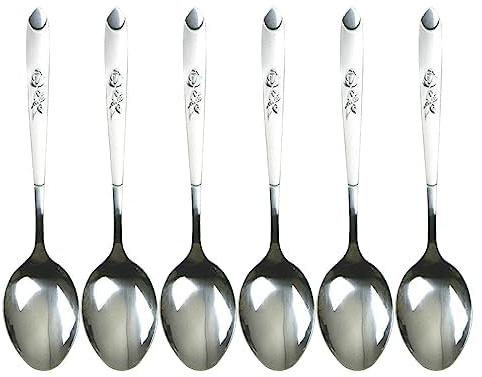 PNJB, Stainless Steel Floral Printed Spoons,Cutlery Spare Dinner Table Spoons, Teaspoon Sugar Spoon,Ice Cream Dessert Spoon, Stirring Soup Tableware (6 Pcs)