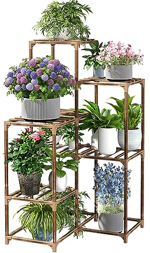 Supporto per Piante ad Angolo da Interno ed Esterno, 7 Ripiani 10 Vasi Scaffali in Legno, Porta Piante da Balcone, Portavaso Fiori Fioriera Plant Stand per Giardino, Patio, Soggiorno
