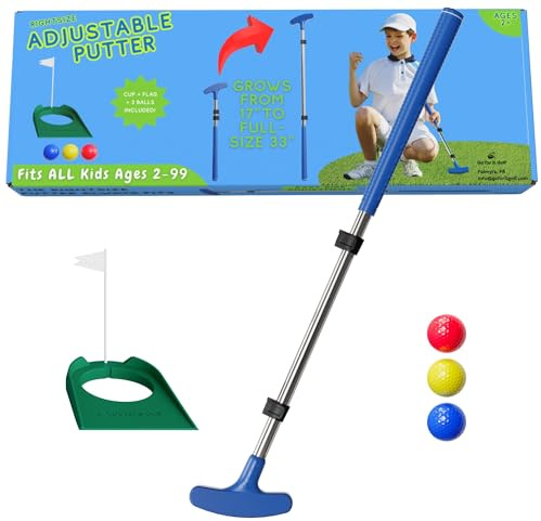 Go For It Golf Putter para niños, Eje Extensible para golfistas juniores, tamaño Ajustable para Mano Derecha e Izquierda, Club de Entrenamiento niños, Incluye 3 Pelotas, Taza con
