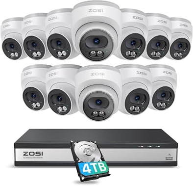 ZOSI C220 16CH 4K PoE Home Security Camera System, 16CH 8MP 4K NVR with 4TB HDD for 24/7 Record, 12 x 4MP(1440p) QHD 2.5K Dome IP Cameras Outdoor Indoor, Smart AI Human Detection, Two-Way Audio