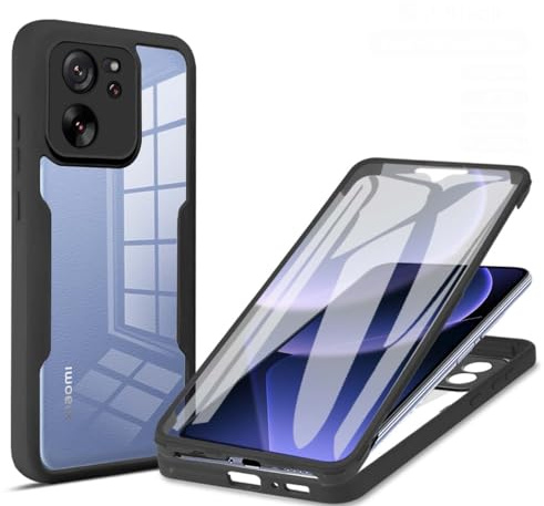 PEIYE Funda para Xiaomi 13T Pro/Xiaomi 13T - Carcasa Antigolpes con Borde de Silicona Suave y Trasera Rígida Transparente, Protector de Pantalla Integrado, Protección 360°, Case -Negro