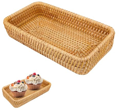 Tissting Brotkorb Geflochten, 20 x 11 x 4 cm Brotkorb Stapelbarer Brotkörbchen Modern Tablett Rechteckige Snack Dessert Tee Teller Handgewebter Brot Korb Deko Tablett für Home Restaurant