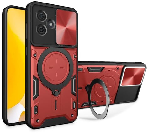 WBWONE Funda para Motorola Moto G54 5G, Shock- Absorción TPU/PC Carcasa con Porta Anillos Invisible y Cubierta Deslizante de la Cámara, Rojo