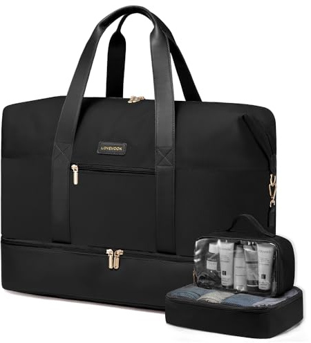 LOVEVOOK Resväska dam Weekender Bag stor, handbagagsväska 45 x 36 x 20, sportväska klinikväska Eeburt Travel Bag med necessär, skofack för flygplan resor, svart