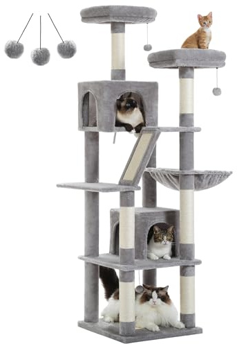 PETEPELA 180cm Kratzbaum groß, Multi-Level Katzenbaum für große Katzen, mit 6 Sisalsäule, 2 Kratzbrettern, 2 Plattformen, 1 Hängematte, 2 Spielbälle, Plüsch-Stoff, grau
