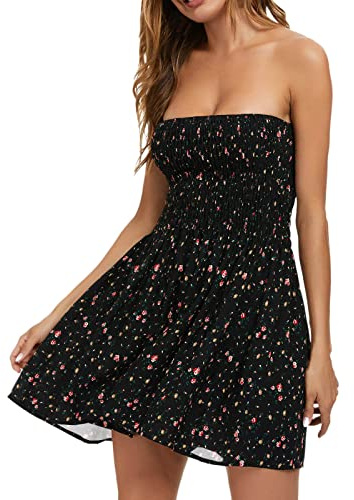 Robe de Plage Femme ete Courte Sexy Epaule Denudee Robe Bustier Femme Mariage invitée Robe Fleurie Femme Chic et Elegant Boheme Fluide sans Manches Mini Robe Casual Femme Vacances (Black, XXL)