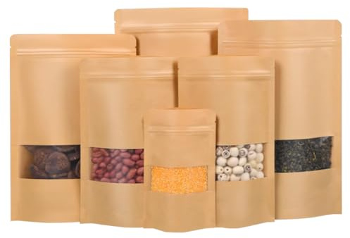 Papiertüten mit Fenster, Kraftpapier Tüten mit Sichtfenster, Verpackungstüten, Kraftpapier Tüten mit Fenster, Papiertaschen für Nüsse, Süßigkeiten, Kaffeebohnen, Teeblätter Braun 18x30cm 50pcs