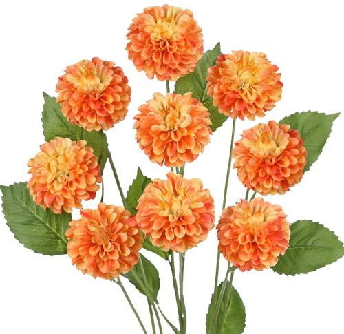 Hollyone Lot de 3 branches de dahlias artificielles orange avec 9 têtes de fleurs, arrangement floral dahlia, longue tige, fausse fleur pour vase, table, centre de table, décoration de mariage