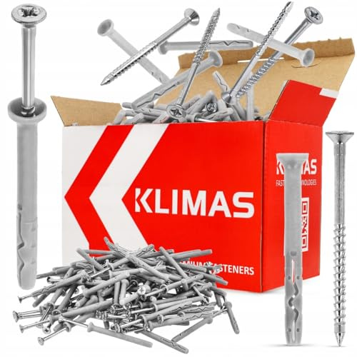 KLIMAS Schnellmontage Schlagdübel mit Kragen & Senkkopfschrauben | Nageldübel Porenbeton Dübel Einschlagdübel Nagelanker Kunststoffdübel Langschaftdübel Set (8 x 80 mm, 200, Set)