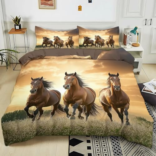 Parure de lit pour Enfant 90x190 cm Cheval Brun Housse de Couette Polycoton Ensemble de Literie Linge de Lit avec Taies d'oreiller, pour Décoration Chambre à Coucher