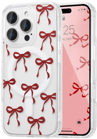 UEEBAI Bow Case for iPhone 13 Pro Max with Magsafe, Clear Burgundy | Built-in Magnets, Cute Slim Clear Aesthetic Pattern Pretty Phone Case for Women Girl Kid, Anti-Yellowing Translucent Cover