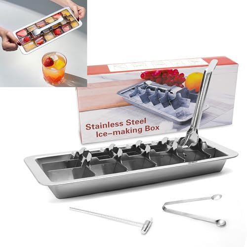 HOSASSPER Stainless Steel Ice Cube Trays for Freezer, Metal Ice Tray with Lever, Vintage Inspired Icecube Tray, Retro Metalice Handle Made Icecubetray, Heavy Duty Metallic Icetray for Kitchen & Bar