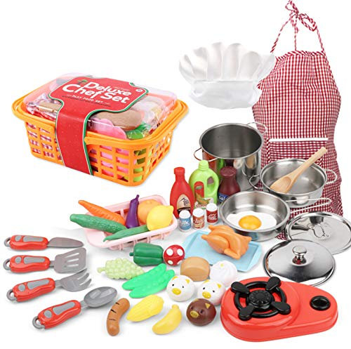 ACAGALA 42 PCS Kitchen Set Pretend Play with Chef Hat Apron Kitchen Toy Stove Pan Spoon Vegetables Fruits Storage Basket Children Chef Role Playset Cooking Set Educational Gift for Toddlers Kids
