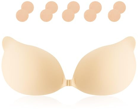 Vtelor Sticky Bra Backless Invisible Stick on Bra Push up Strapless Women's Adhesive Bras Ladies Invisible Strapless Bras Push up Lift & Enhance Cleavage (UK, Cup & Band, B, Beige)