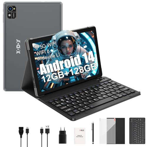 XGODY 10 Zoll Android 14 Tablet mit Tastatur 2,4G/5G WLAN 2,0 GHz | 12 GB RAM + 128 GB ROM (TF 1 TB) | FHD | 5+13 MP Kamera | 7000 mAh | Bluetooth 5.0,Tablet PC – Schwarz