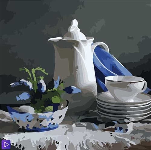 Paint by Numbers,Tea Set Still Life Paint by Numbers for Adults Canvas Oil Painting,DIY Paint by Numbers for Children with Paint Brushes and Acrylic Painting Kit Home Decor Painting,Framed 32x32 inch