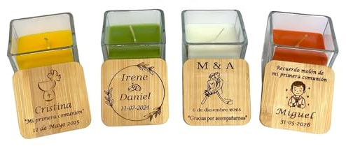 regalo grabado Pack 20 Velas Personalizadas Cristal y Tapa Bambú Aromáticas | Pack de 20 velas aromáticas de cristal y tapa de bambú, Grabado de texto o logo, 5 aromas a elegir, Recuerdos para eventos