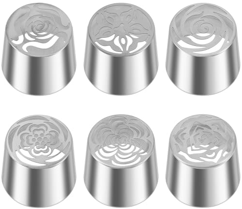 6Pcs Stainless Steel Russian Piping Nozzle Reusable Russian Flower Piping Tip for Cake Decorating Icing Cream Flower Bouquet DIY Cookies
