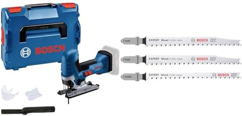 Bosch Professional 18V System Cordless Jigsaw GST 18V-125 S + 3x EXPERT Wood 2-side clean Jigsaw Blade Set (for Solid wood furniture board, Plywood, Length 117 mm)