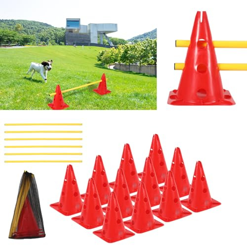 Peviasot Kit d'obstacles pour chien - 12 cônes - 6 barres d'agilité - Entraînement de coordination pour enfants et chiens - Sport d'équipe - Football - Cônes multifonctions - Pour le sport canin, le