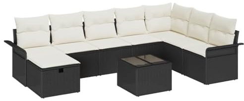 vidaXL Trädgårdsoffset med kudde med lagring 9 pcs Svart Poly rattan, Modern trädgårds- och terrasssoffa, rektangulär, justerbara fötter, hållbar utomhusmöbel, modulär sittplats för uteplats