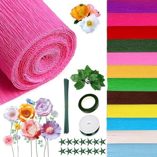 KBIBCK 12 Farben Krepppapier, Krepppapier Bunt, Bunt Bänder Crepe Paper mit Grünes Lametta und Grünes Klebeband dür DIY Blumen Kunsthandwerk, Geburtstagsfeier Hochzeit Festival Ornament (25 x 250 cm)