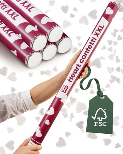 Partyjoker 5-Pack Confetti Cannons Hearts White XXL 80cm Wedding - Extra Large & Very Romantic - FSC® Biodegradable Paper - 5-8 Metre Burst - For Party & Celebration