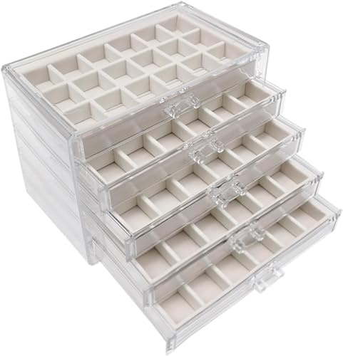HIKENRI 5 Schubladen Ohrring Aufbewahrungs Schmuckkästchen,Acryl+Samt Schmuckaufbewahrung Schublade,Aufnehmbare Tabletts Jewelry Organizer für Schmuck Aufbewahrung,Halsketten,Ringe,Ohrringe(Beige)
