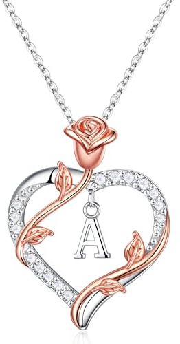 Turandoss Rose Herz Halskette Damen - 14K Weißgold Vergoldet Rose Herz Kette mit Buchstaben A-Z Kette CZ Personalisierte Geschenke für Frauen Mädchen Mama Freundin Jahrestag Geschenk Schmuck Damen